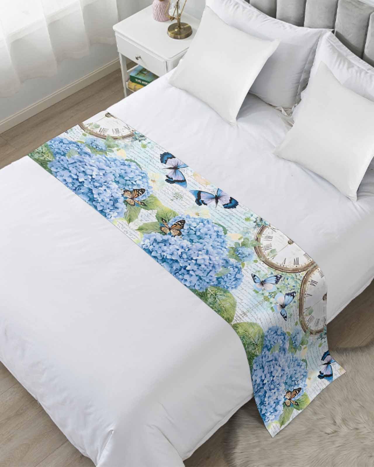 Blue Vintage Hydrangea Bed Runner for King Size, Spring Rustic Clock Butterfly Bedspread Protector Slipcover Bed Scarf for Foot Runners & Scarves for Bedroom Hotel Wedding Room 102x20 Inches