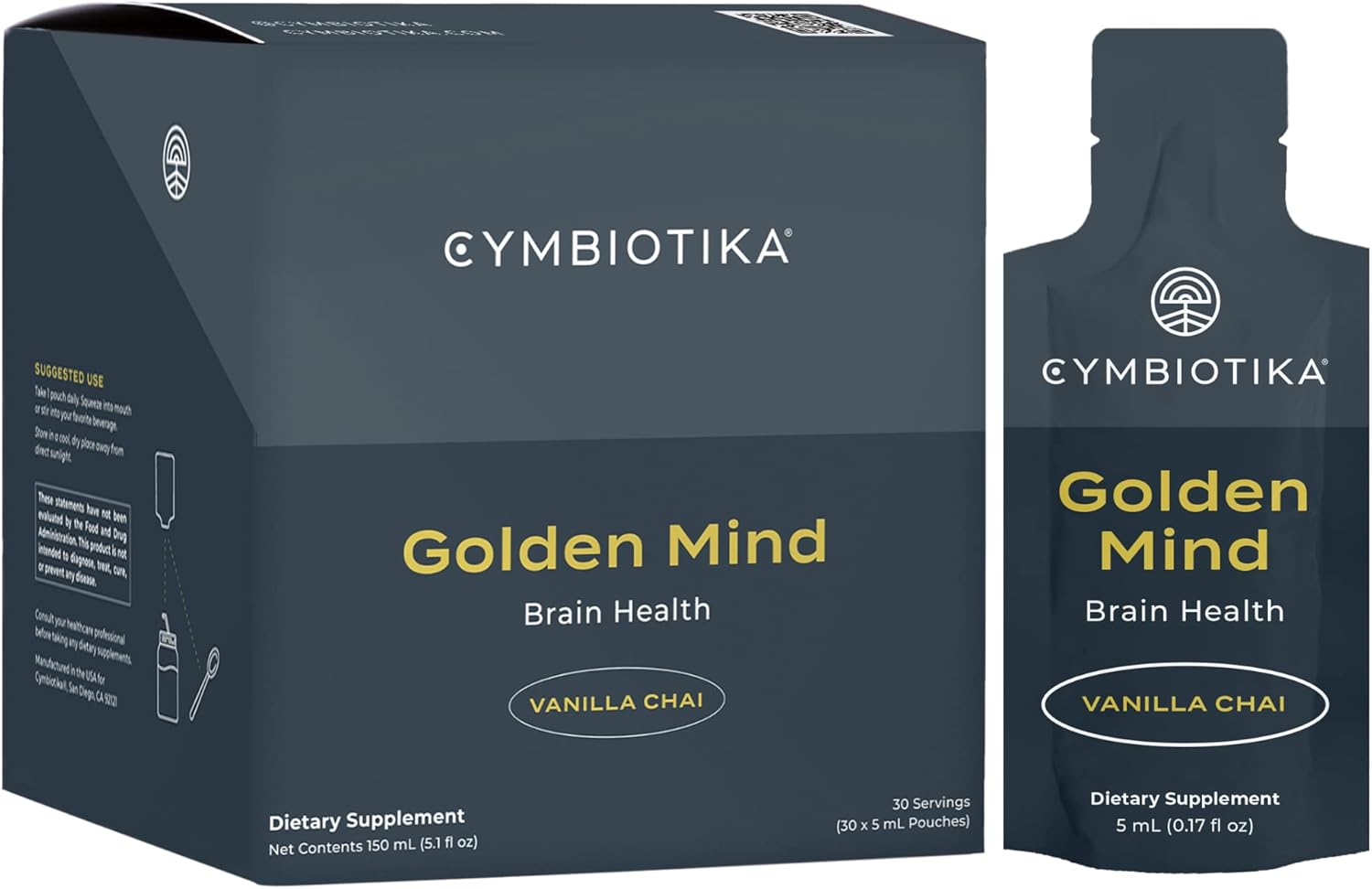 CYMBIOTIKA Golden Mind Nootropic - Boosts Focus, Memory, Alertness, Supports Nervous System with Bacopa, Green Tea, Lion’s Mane, L-Theanine, Rhodiola | 30 Pouches