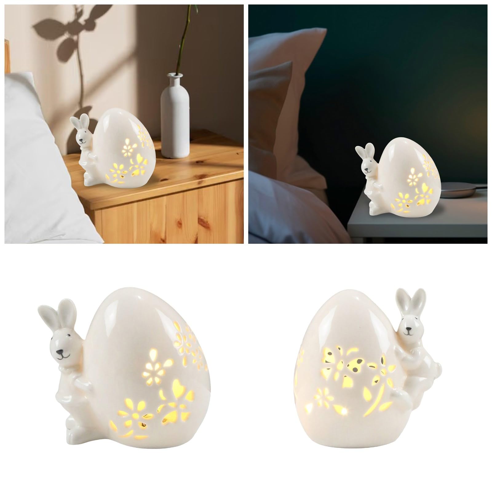 Uovo Di Pasqua In Ceramica Con Luce LED E Motivo Floreale Ritagliato, Decorazione Da Tavolo Con Luci, Funziona A Batteria, 7,5x10 Cm - 5