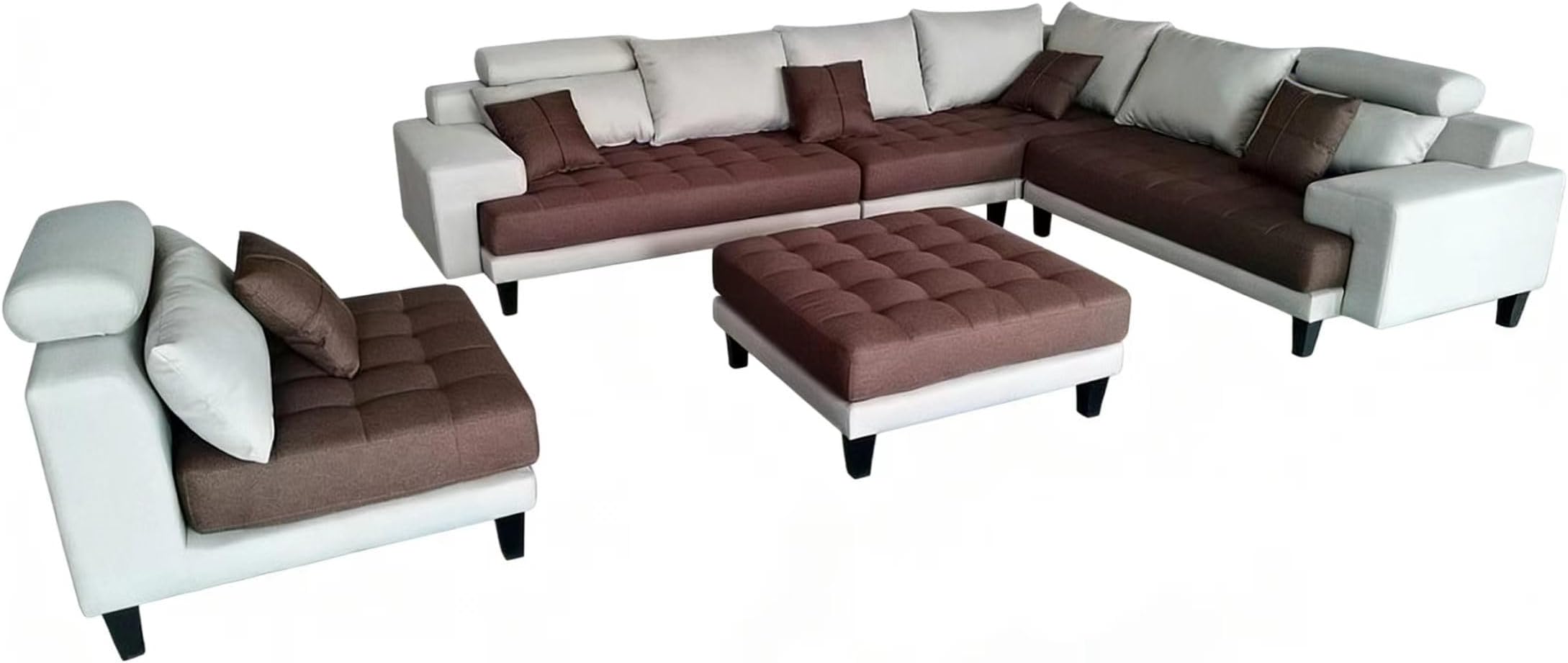 Stendmar L Shape U Shape Reversible Modern Line Fabric Sectional Couch Sofa Set S150D (S150DNE-Cream/Brown) 5 piece
