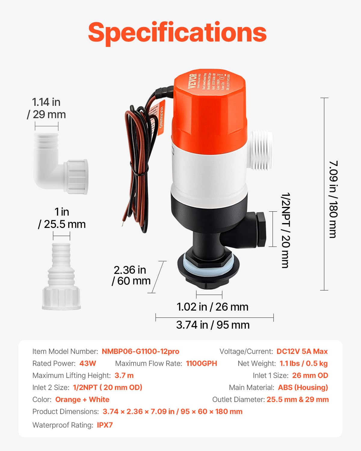 VEVOR Bomba de Pozo Vivo para Barco, 43 W 1100 GPH Bomba de Aireación de Pozo Vivo Recta con Entrada Doble, Carcasa ABA y Cartucho de Motor Desmontable, Prueba Corrosión para Agua Dulce y Salada