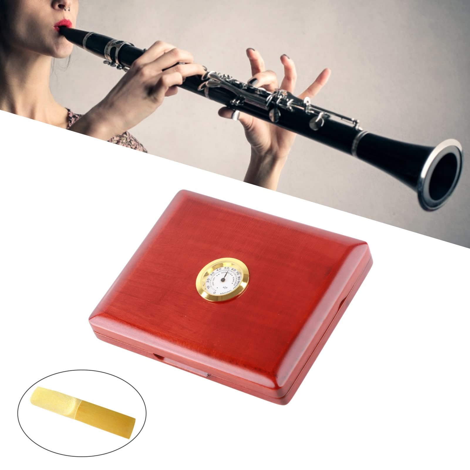 Estuche de Cañas para Clarinete Saxofón de Madera Maciza con Higrómetro, Goma e Interruptor Magnético para 5 Cañas (ámbar)