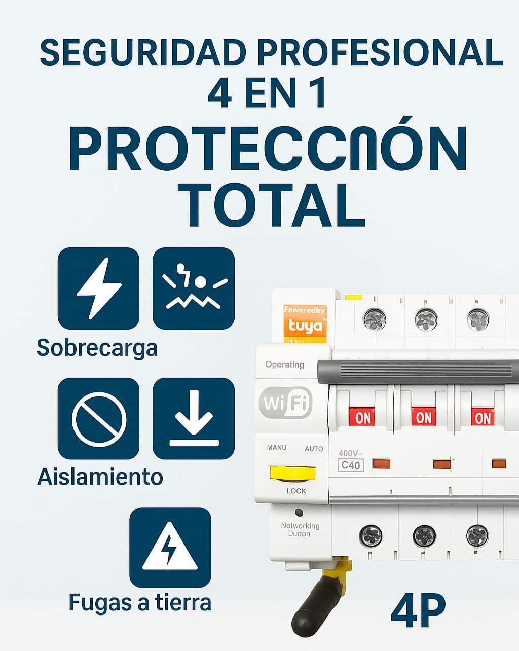 RASMACOR - Interruptor Magnetotermico WiFi – Rearmable 4P 25A Curva C 6kA – Termico Inteligente con Control Remoto – Compatible con App Tuya Smart – Domotica - 4 Polos 25A