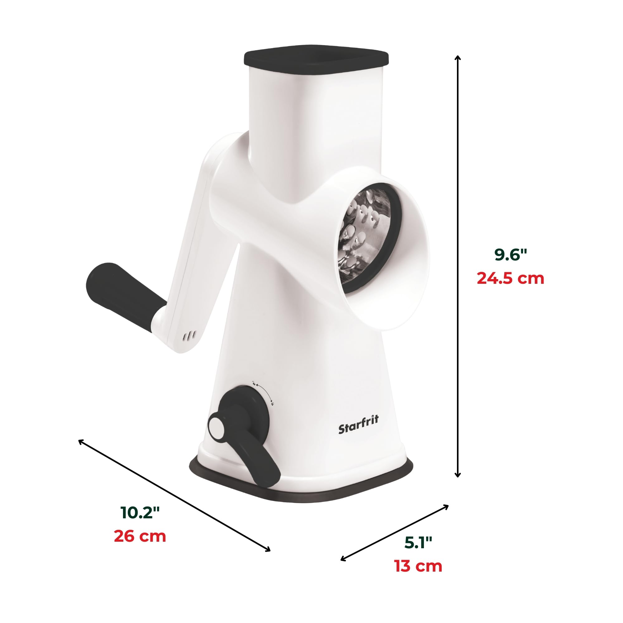 Starfrit Rallador de tambor rotativo - 4 tambores intercambiables de acero inoxidable - rebanar, rallar grueso y fino, afeitado de hielo - Ideal para verduras, queso, nueces, chocolate