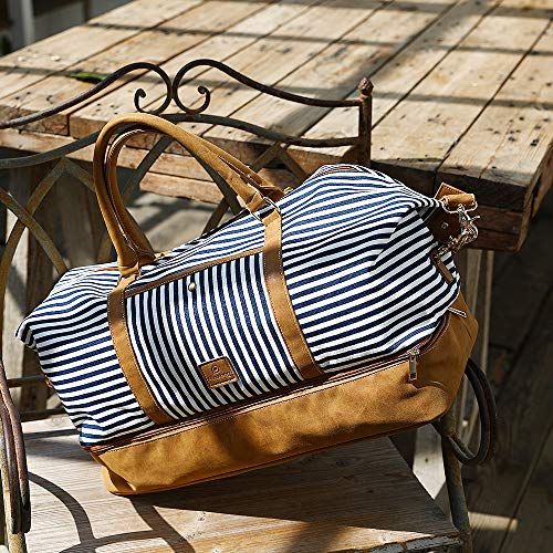 Plambag Canvas Duffel Weekender Bag with Shoe Compartment 42L Overnight Travel Tote Bag(Blue Stripe)