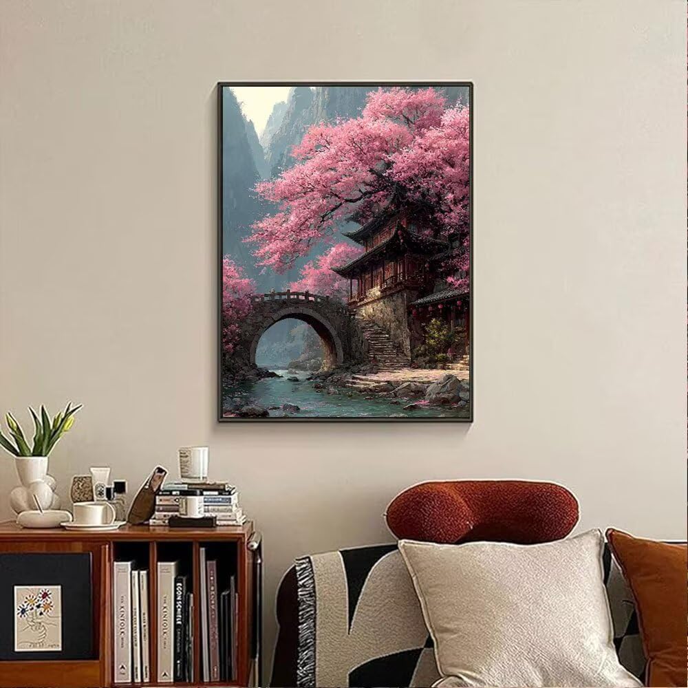 Wiśniowe Kwiaty W Krajobrazie Diamentowe Malarstwo Dorosłych Zestawów, 5D Okrągłe Diamenty Malarstwo Dzieci Malarstwo, Diamant Art Haft Cross Stitch Zdjęcia, Mozaika Dekoracja Ścienna 90x120cm hJ8-504