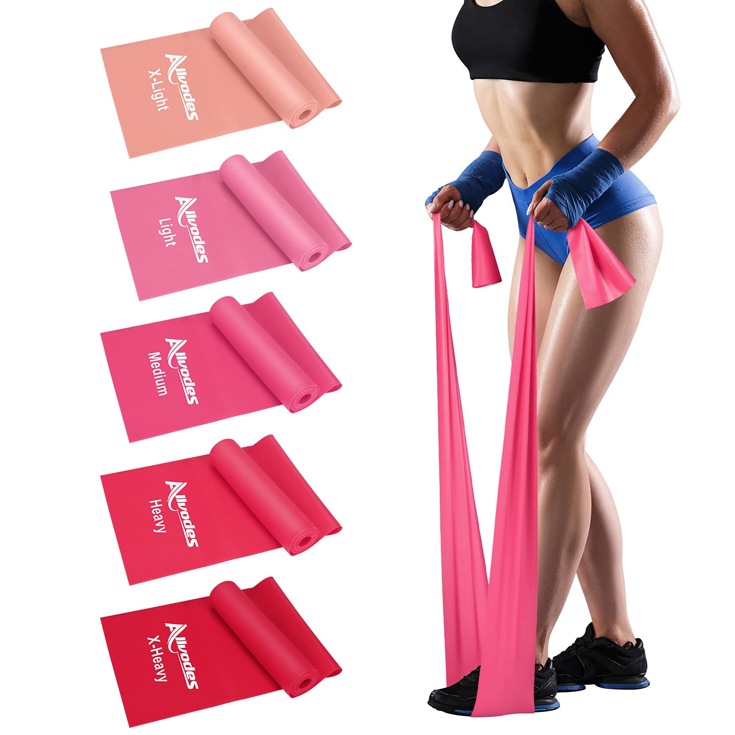 Allvodes Resistance Bands Set, 5 Pack Latex Exercise Bands with 5 Resistance Levels, Skin-Friendly Elastic Bands with Carrying Pouch for Home Workout, Strength Training, Yoga, Pilates