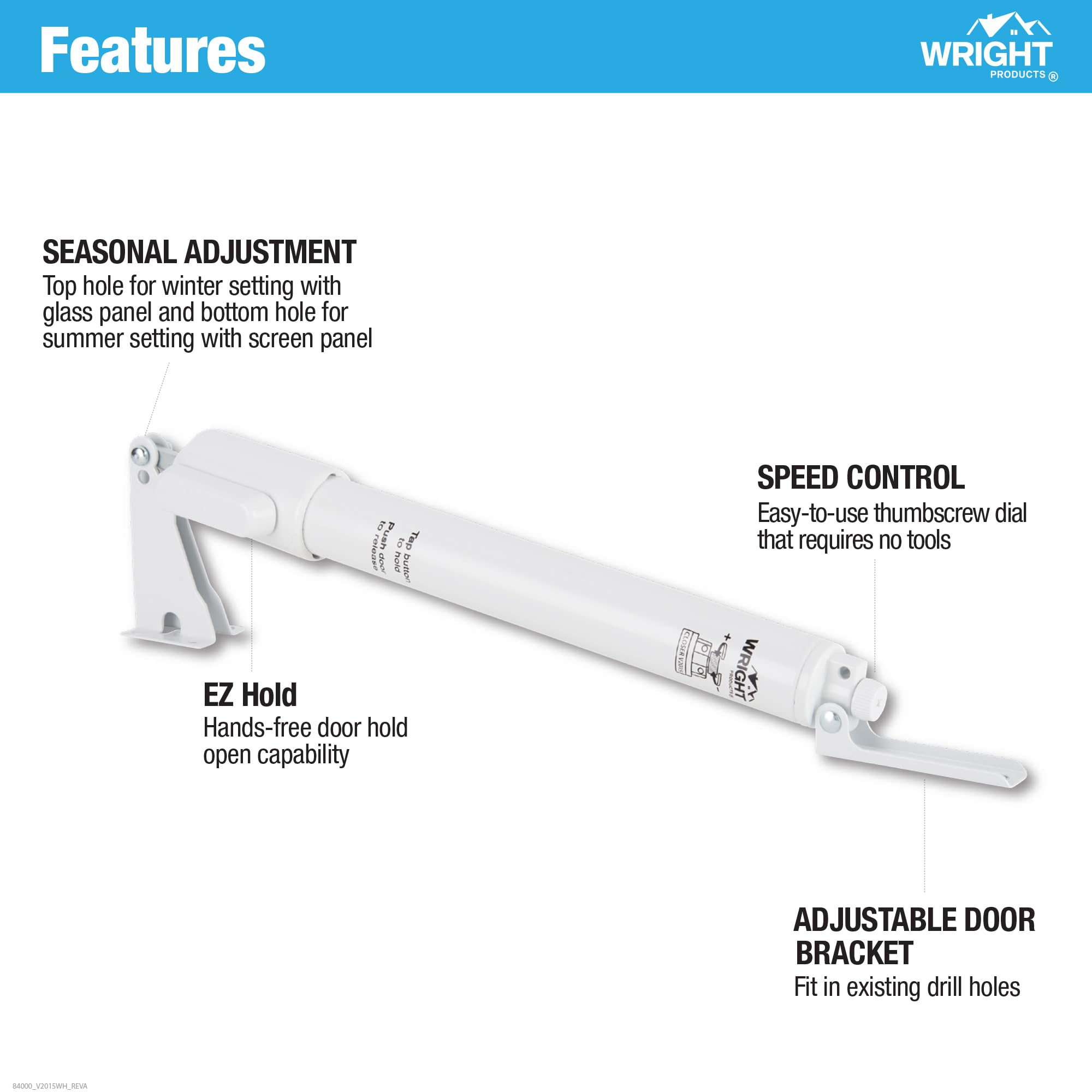 Wright Products Chiudiporta pneumatico standard con EZ-Hold - Velocità di chiusura regolabile, durevole, facile installazione (moderno, bianco)