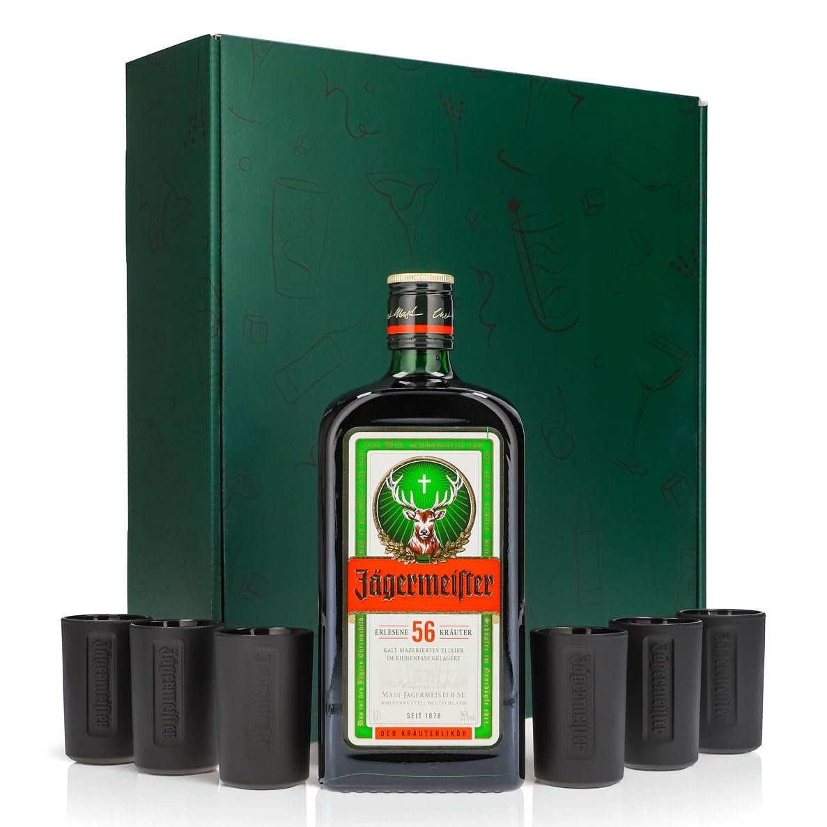 Sipply Geschenkset 7-teilig mit 6 Shotgläser Schwarz und 1 Flasche Jägermeister 0,7l 35,0% Vol. | mit Geschenkverpackung: Grün | Geschenk für Frauen Männer Mama Papa Freundin zu Weihnachten Ostern