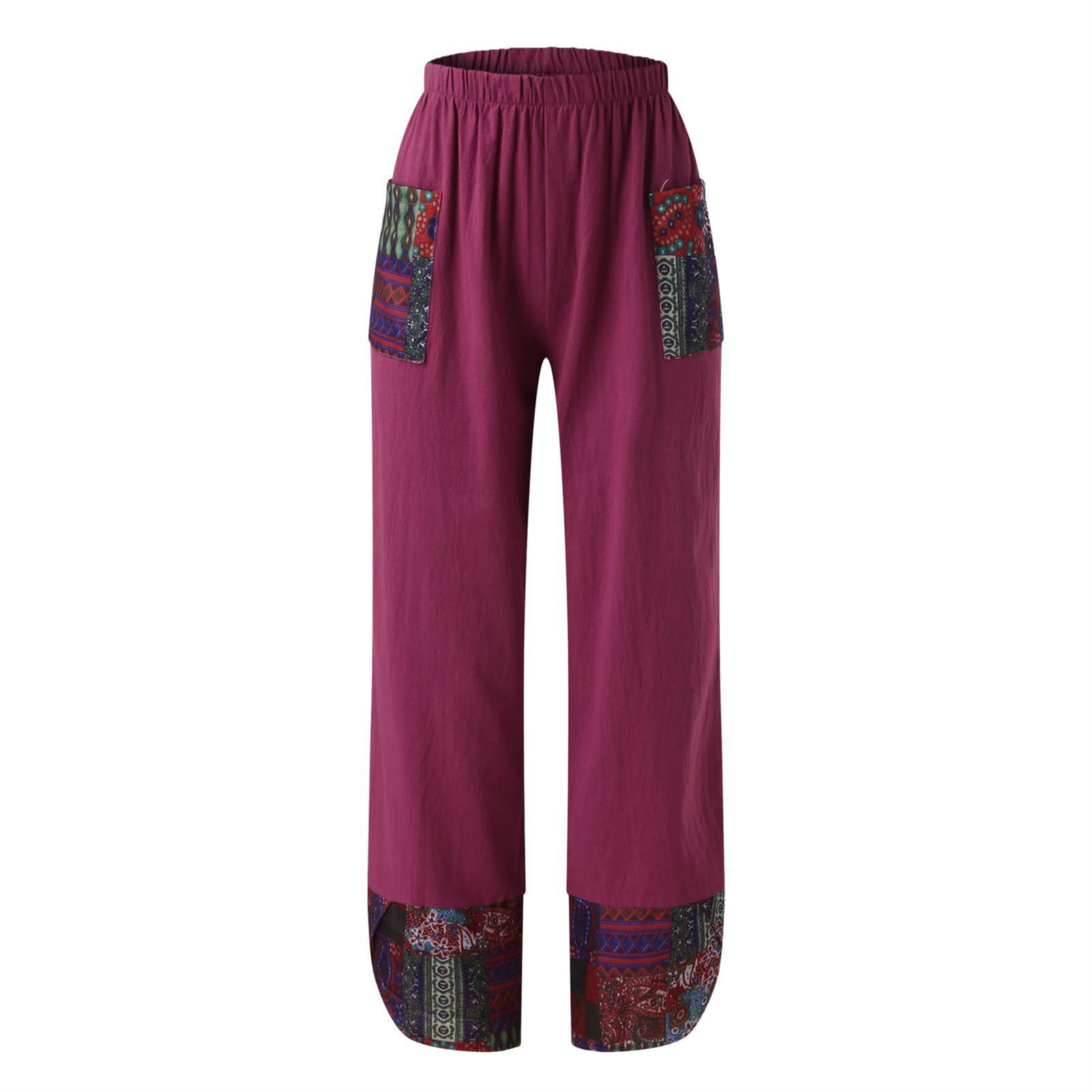 Women's Patchwork Linen Wide Leg Pants Elastic Waist Casual Capri Harem Trousers Loose Tapered Lounge Baggy Pant (Purple,X-Small)