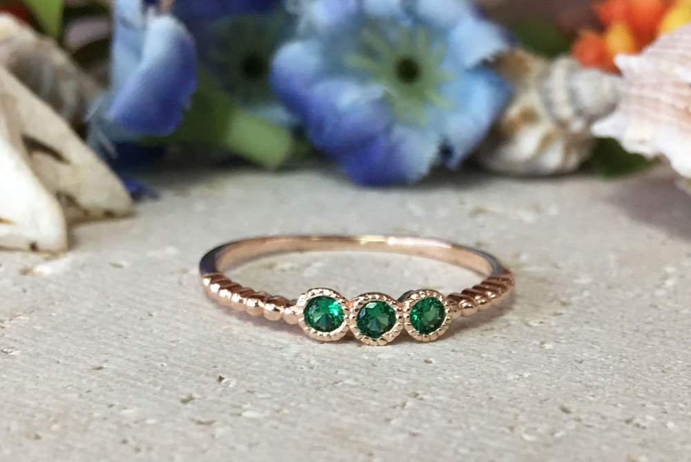 Triple Gemstones Ring - Emerald Ring 