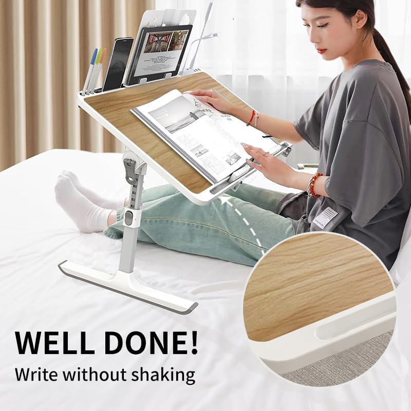 Faltbarer Laptop-Schreibtisch, Holzmaserung, große Fläche, Größe XXL, 70 x 45 cm, 8 Höhen und Winkel, verstellbarer Betttisch, Lerntablett, Laptop-Ständer für Bett, Couch, Sofa mit 2 Stoppern
