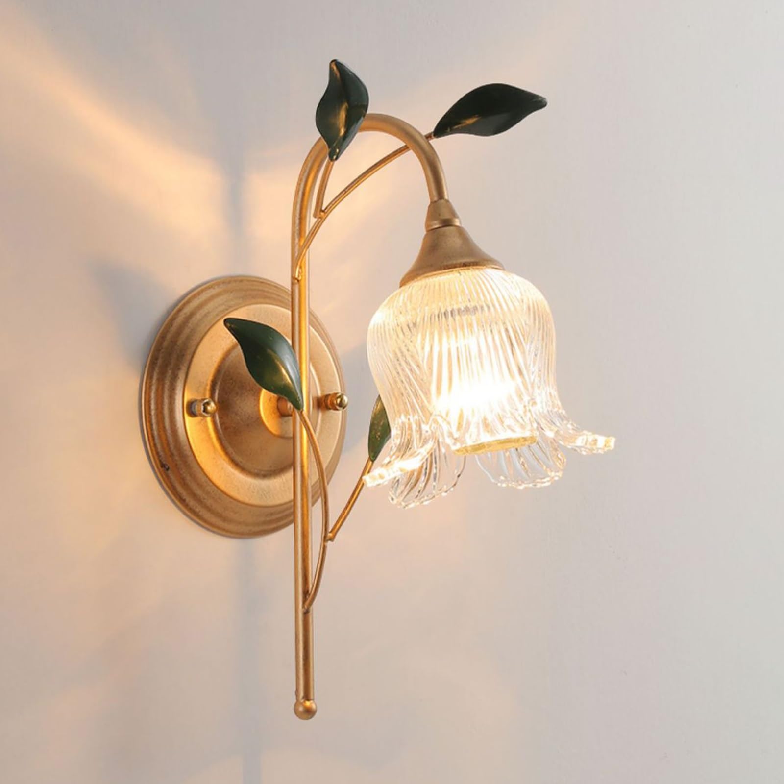 SMCCYYSD Retro Industrial Flowers Glass Wall Sconce, American Country Creative Light, Gold Iron Lamp with E14 Socket, Indoor Mount Fixture for Corridor, Balcony, Aisle