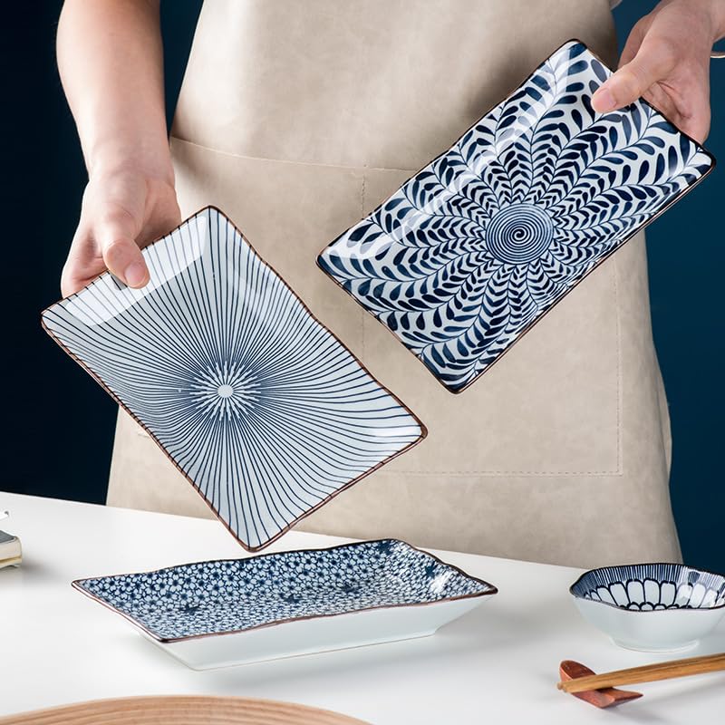 Image of 6-Piece Ceramic Dinner Set, 2 Plates & 4 Bowls, Microwave Safe, Dishwasher Safe, Floral Dinnerware (Blue & White Pattern, 1 Plate, 4 Bowl & 4 Chopsticks)