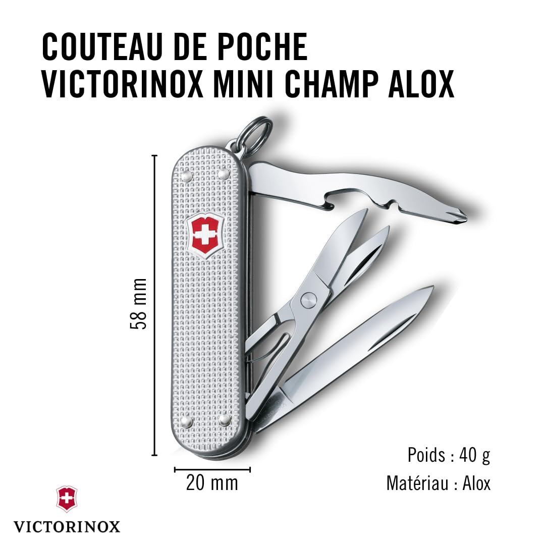 VICTORINOX Couteau Suisse Mini Champ, Petit, Swiss Made, Outil Multifonction avec Coupe-Papier, Décapsuleur, Dénudeur de Fils Électriques