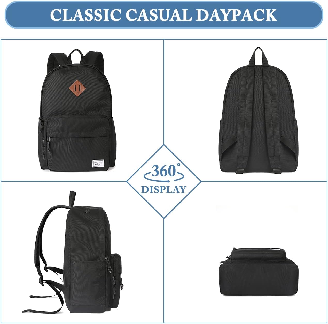 Kasqo School Backpack, Classic Lightweight Water-Resistant 17.8L Bookbag Daypack for Men Women Teens Girls Boys College, Travel, Work, Black - Image 6