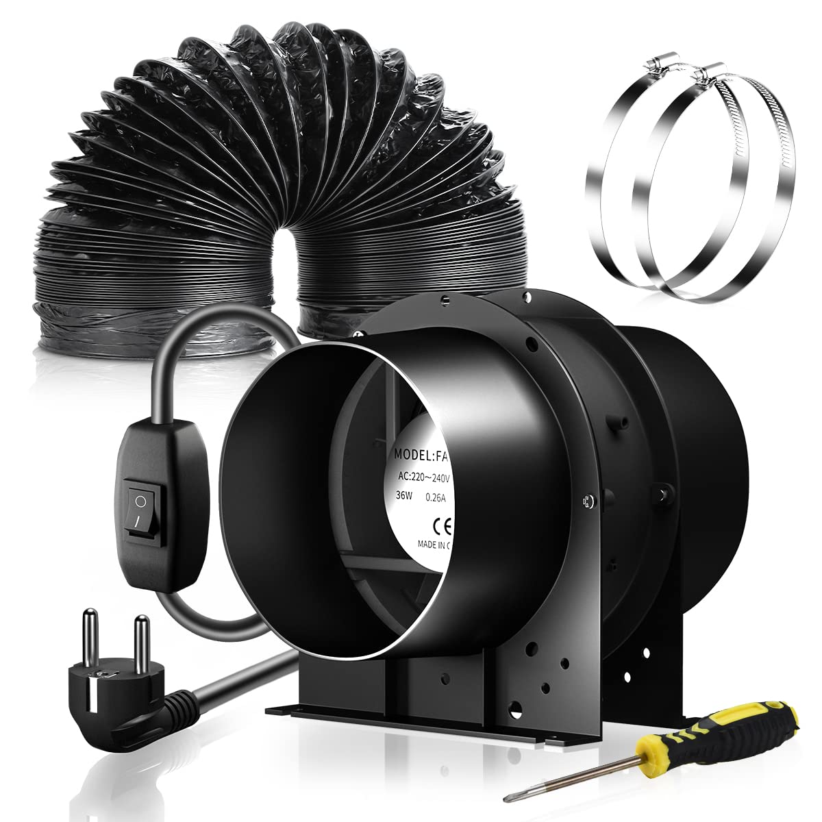 FanGoFast Axiale ventilatorset, 150 mm, 334 m³/u, axiale ventilator, afzuigventilator, met aan/uit-schakelaar en 3 m slang, voor kweektent, garage, ruimte