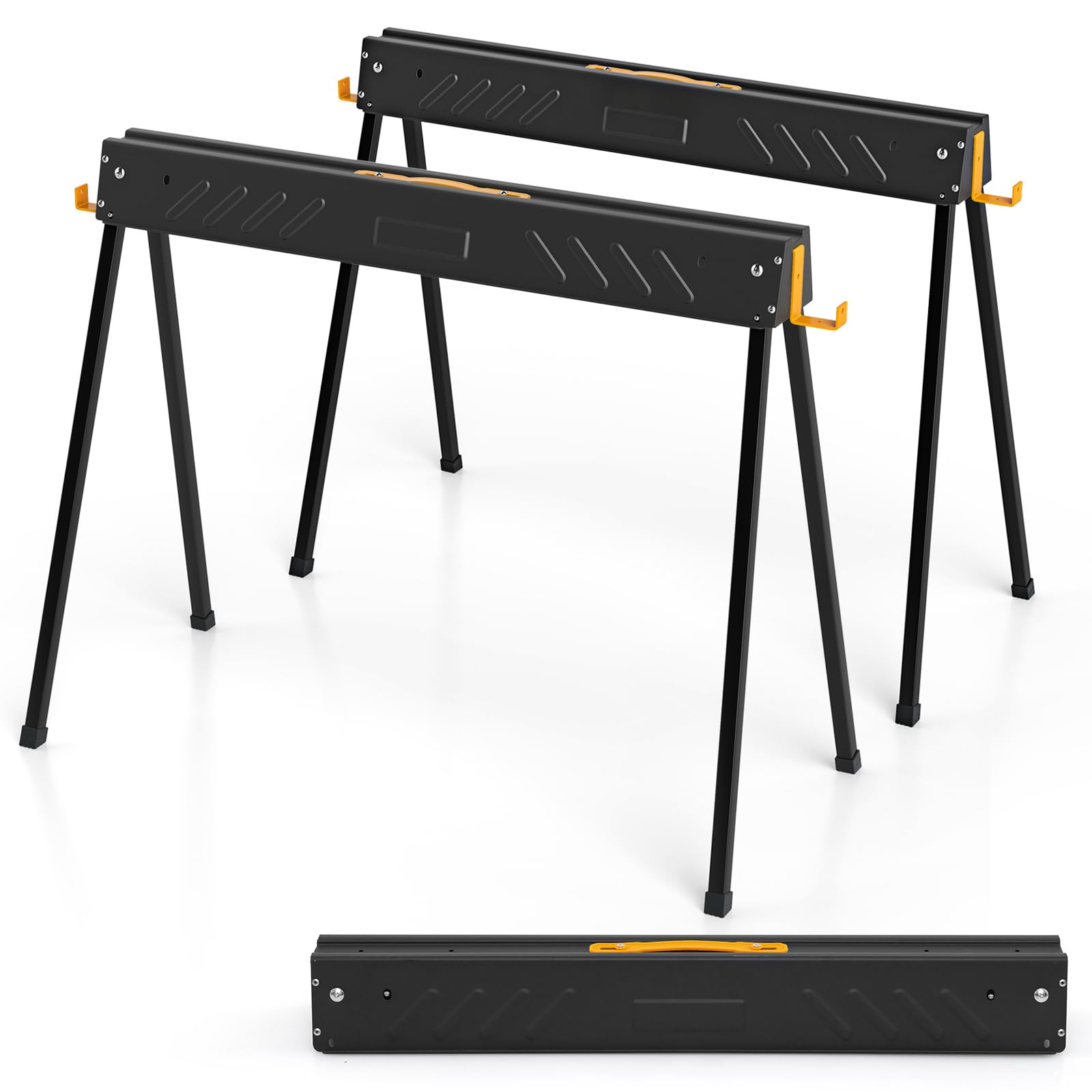 COSTWAY Folding Saw Horse Twin Pack, Heavy Duty Work Bench with 2 x 4 Support Arms & Carry Handle, Fully Assembled Trestle Stands Sawhorse, Max Load 454kg/1000kg (1000kg, Black, Metal, 94x47x74cm)