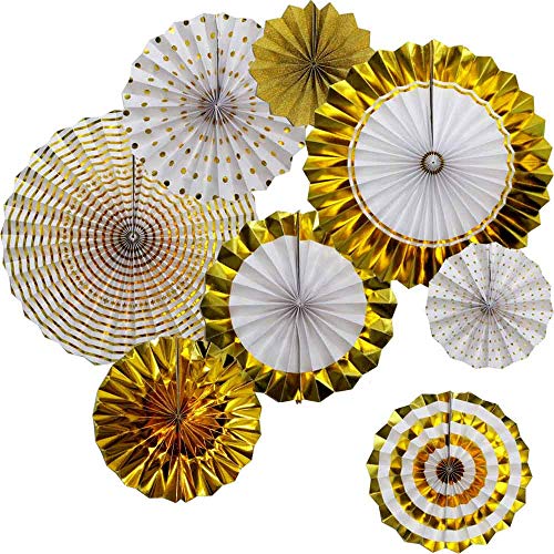 Image of Hola Fiesta|Gold Decoration Paper Fans Flowers for Wedding Birthday Carnival Welcome Thanksgiving Graduation Party Decorations, Set of 8