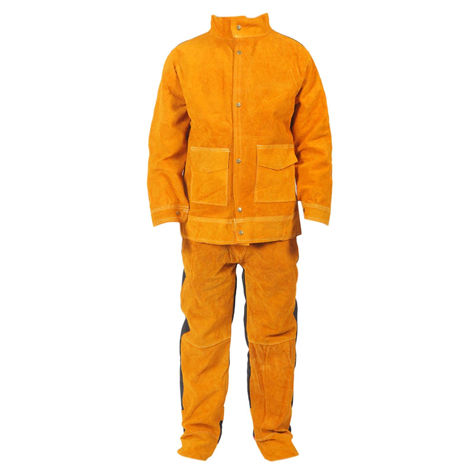 Ensemble Veste et Pantalon de Soudeur En Cuir - Vêtements de Travail En Cuir de Vachette Refendu Résistant et Robuste