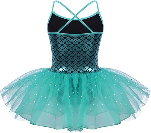 Miniatura 2 de Disfraz de sirena brillante para niñas, escamas de pez, espalda cruzada, leotardo tutú, ropa de baile, vestido de princesa