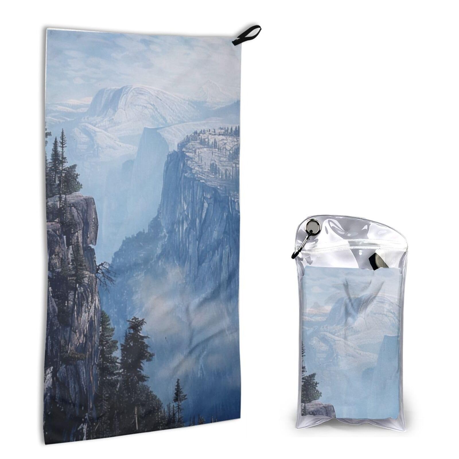 WPKJU Canadian Smokey Mountain Cliff Printed Microfiber Quick Dry Towel 16x31.5 in, Lightweight & Compact with PVC Pouch & Carabiner - for Beach, Camping, Gym, Travel & Home Use