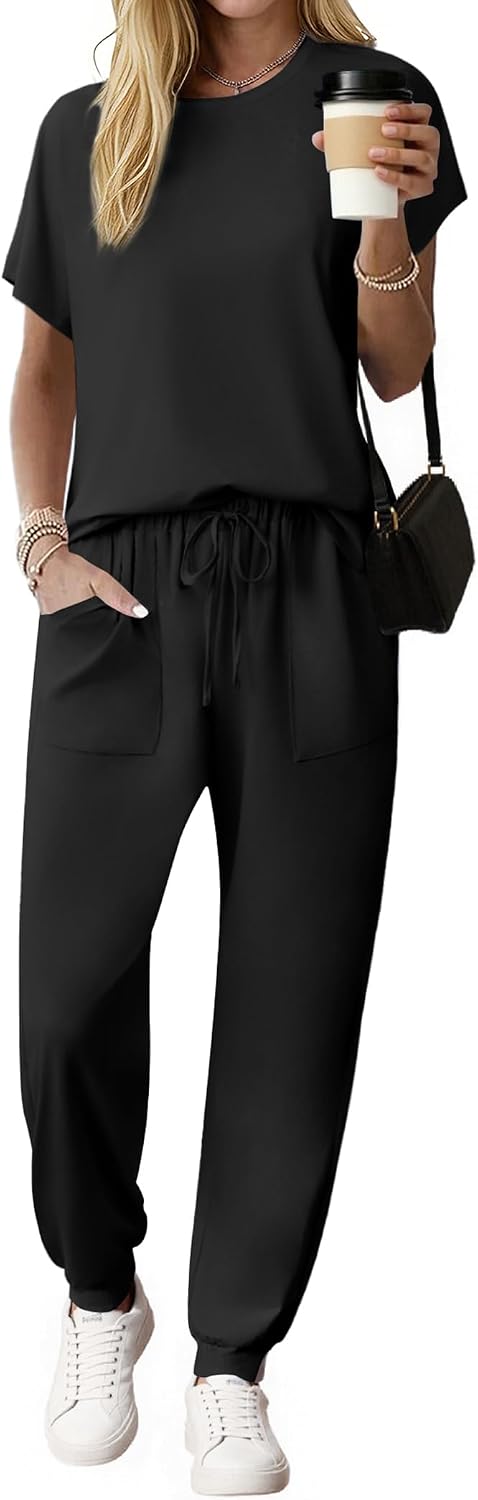 Ekouaer Womens Cotton Matching Lounge Sets Short Sleeve Top and Jogger Pants Set Fashion Casual Outfits