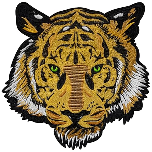 Grand Écusson Tigre Patch Thermocollant Tête Animal à thermocollé transfert à coller fer repasser applique badge biker brodé coudre motard décoration...