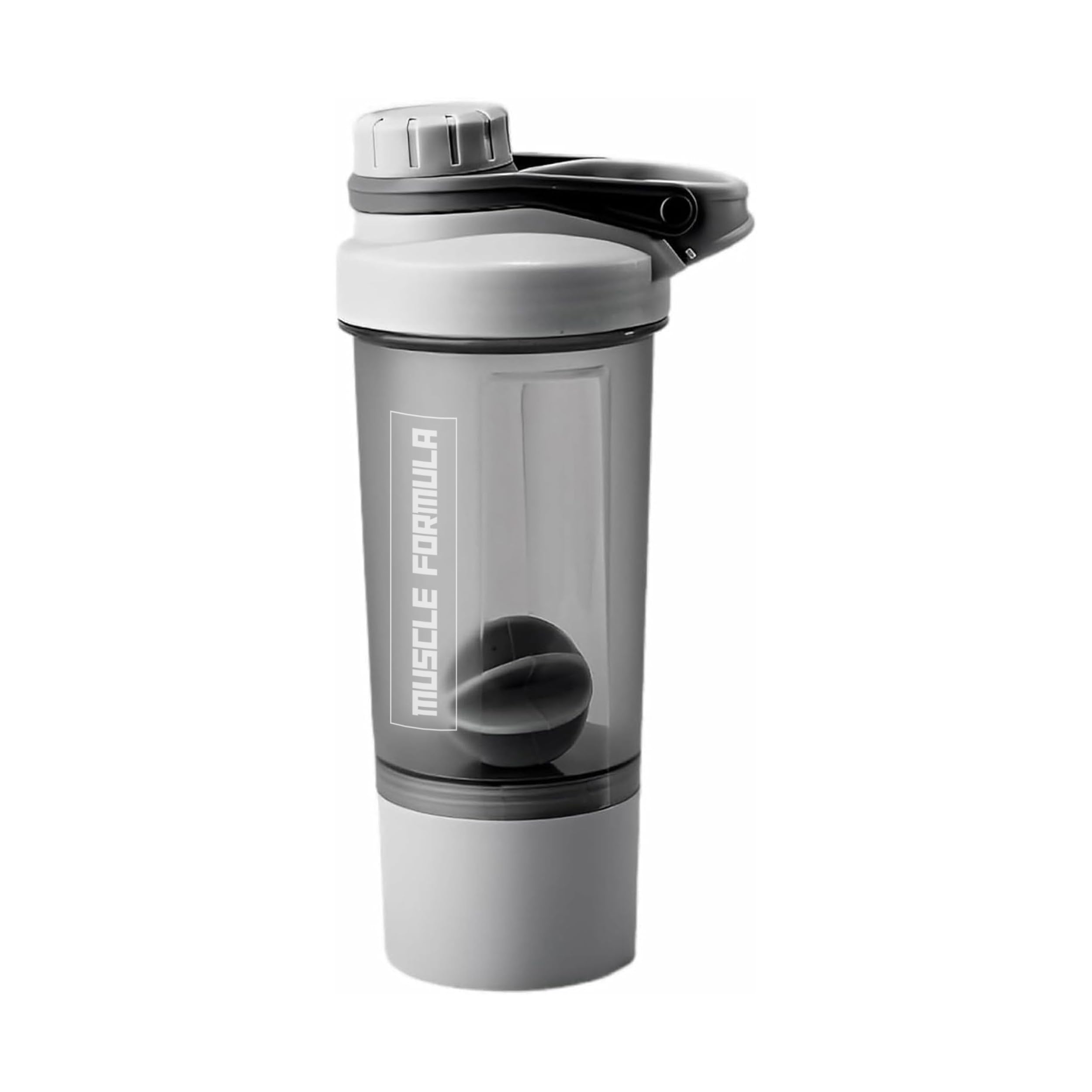 MUSCLE FORMULA™ Protein Powder Shaker Bottle (Grey), 500ml Shaker Bottle with Storage, Leak Proof Protein Shaker Bottle with Storage for Whey, Vegan, Creatine, BCAA, Perfect for Pre/Post-Workout Grey with Storage Box
