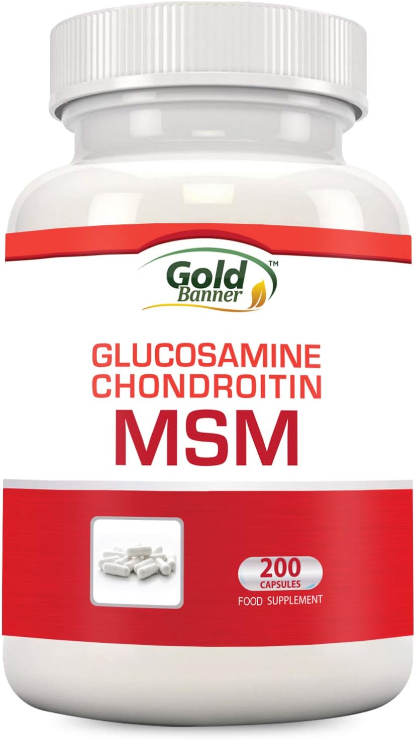 Glucosamine Chondroitin MSM Support Supplement, 200 Capsules, GMP Compliant Facility - Gold Banner