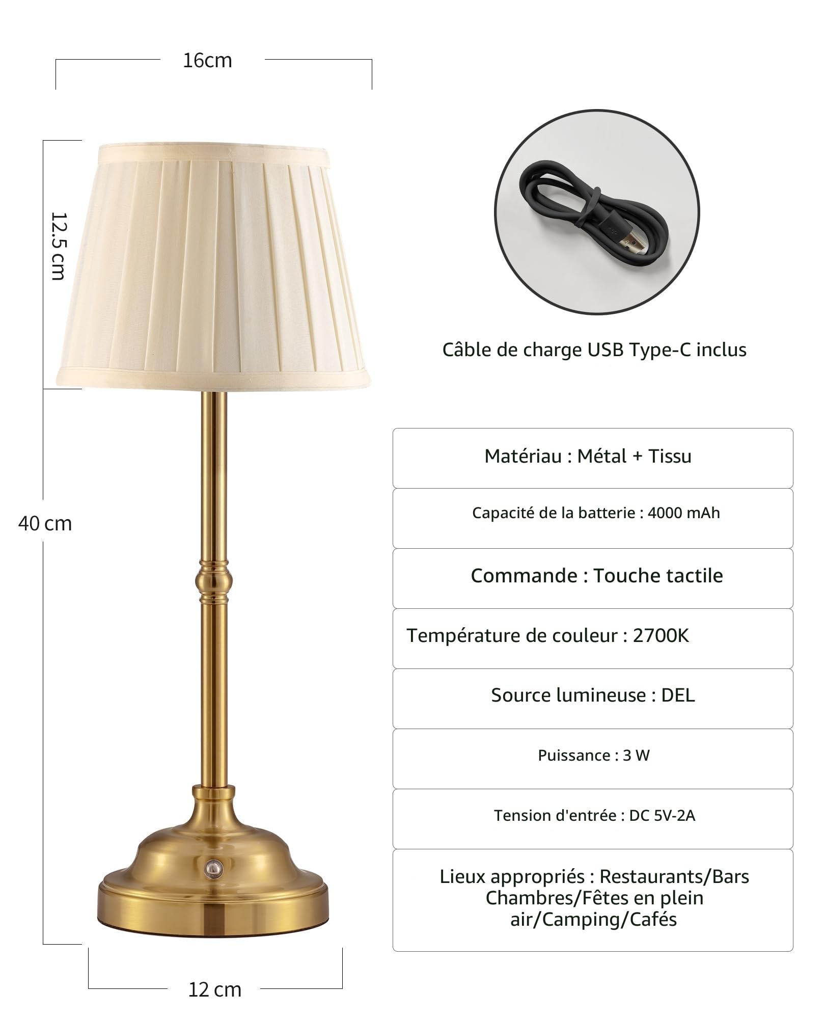 Lampe de table LED sans fil à intensité variable - Lampe de chevet rétro - Batterie - 4000 mAh - Convient pour l'intérieur, l'extérieur, le bar, le salon (abat-jour doré + beige)