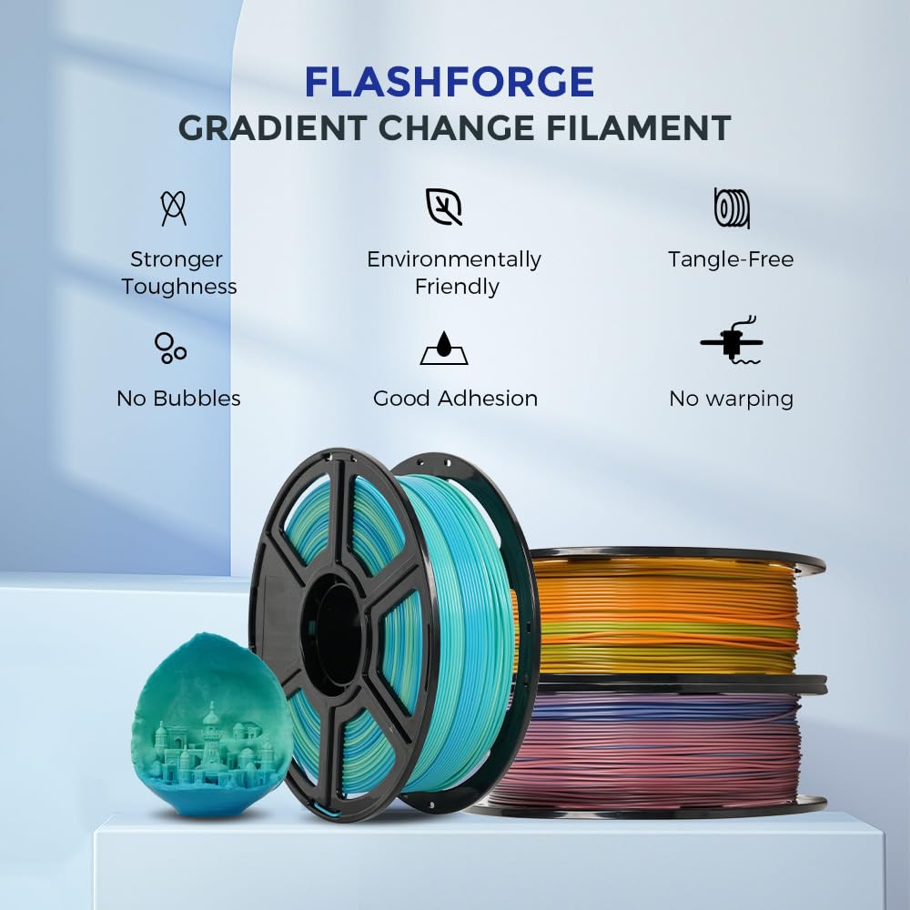 FLASHFORGE Filamento per stampanti 3D con cambio di colore graduale in PLA da 1,75mm, bobina da 1kg (2,2 libbre), precisione dimensionale +/- 0,02mm, migliore tenacia e assenza di nodi (Giallo&Blu)