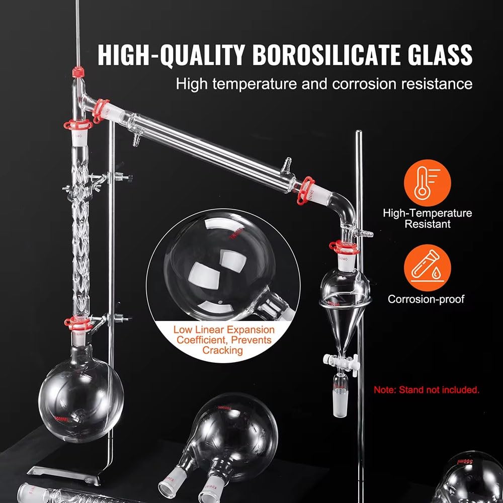Labor-Destillationsset, 32-teiliges Set, Glaswaren-Destillationsset Mit 24/40-Verbindung, 1000 Ml, Geräteset for Ätherische Öle
