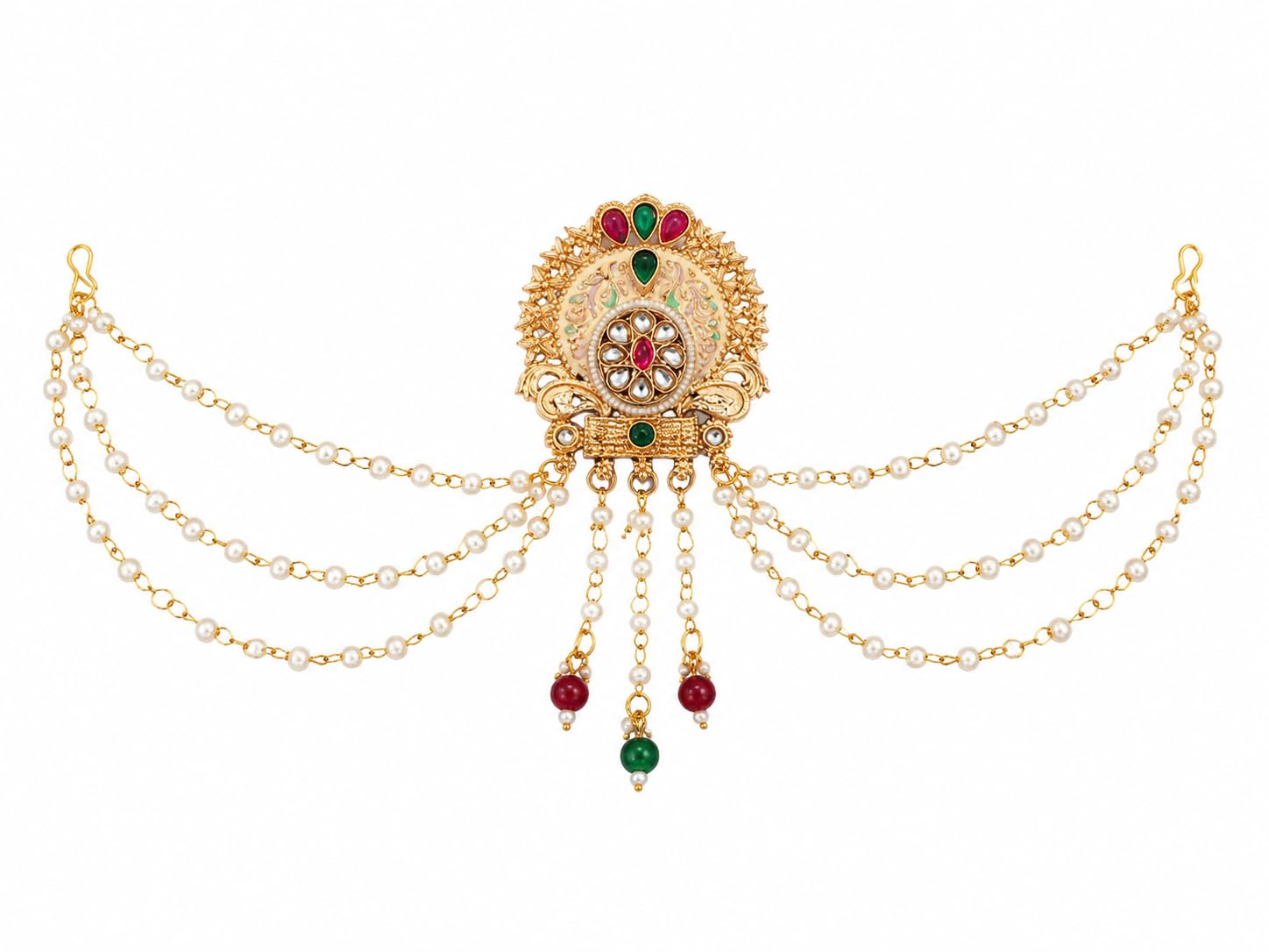 Traditional Kundan Hair Brooch with Pearl Chain and Meenakari Enamel Work-picture-34
