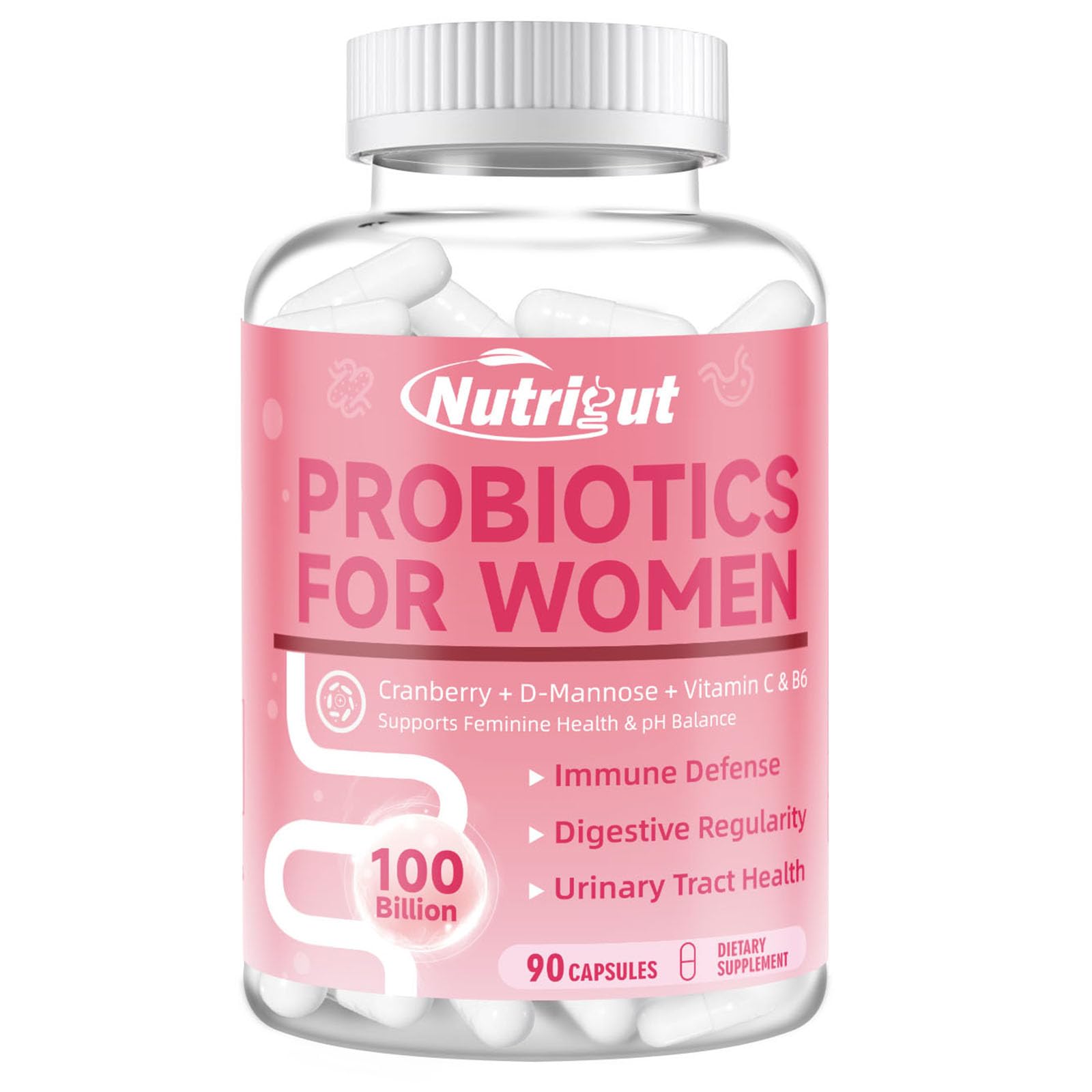 Probiotics for Women 100 Billion CFUs Probiotic and Prebiotics with Digestive Enzymes for Gut Health, Vaginal Probiotics with Cranberry and D-Mannose for Urinary Tract Health, pH Balance, 90 Capsules