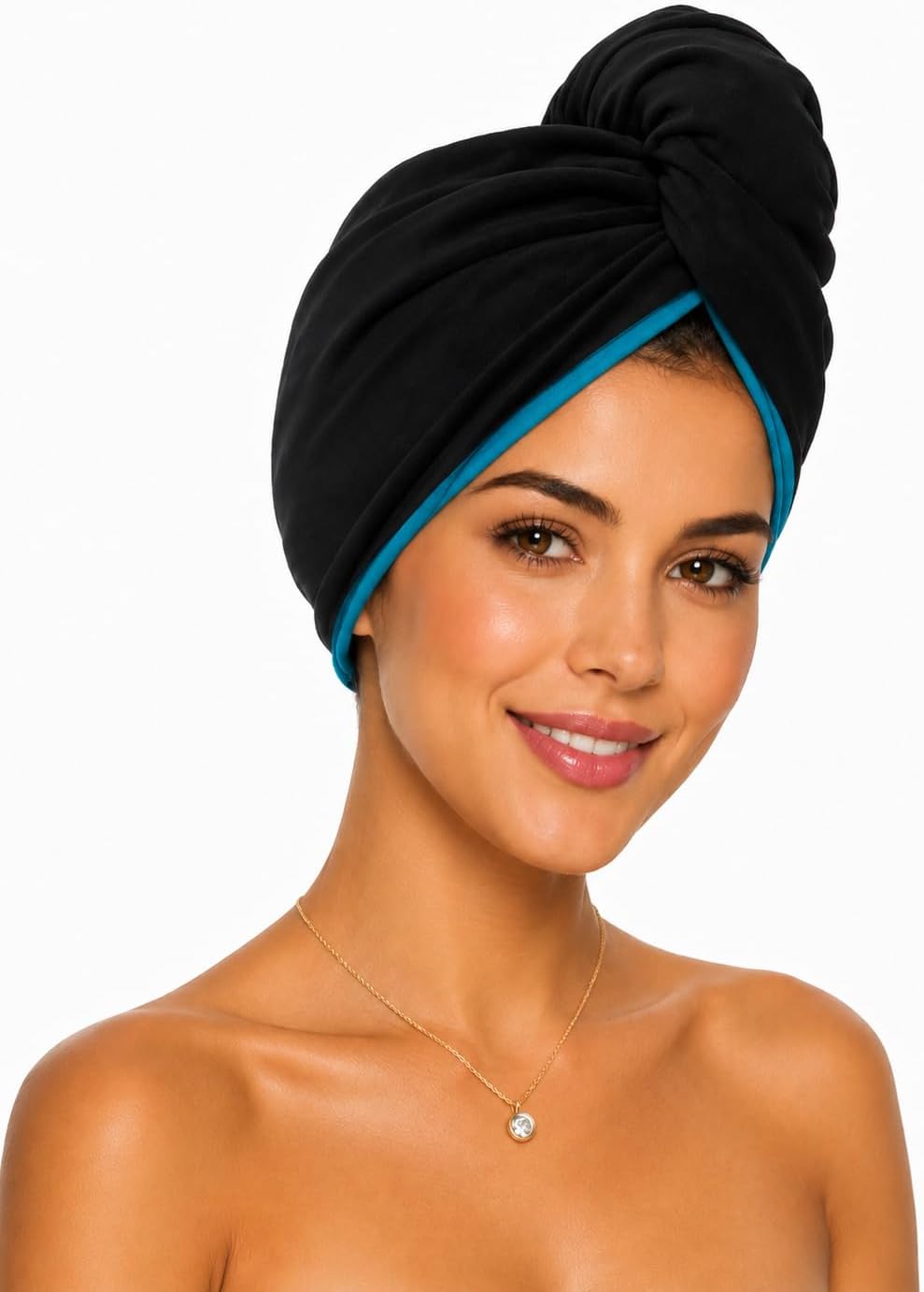 Elizabeth Roberts 100% Cotton T-Shirt Hair Towel Wrap Plopping Essential Turban Style Hair Drying Towel for Women and Men All Hair Types and Styles, Black/Aquamarine Reversible
