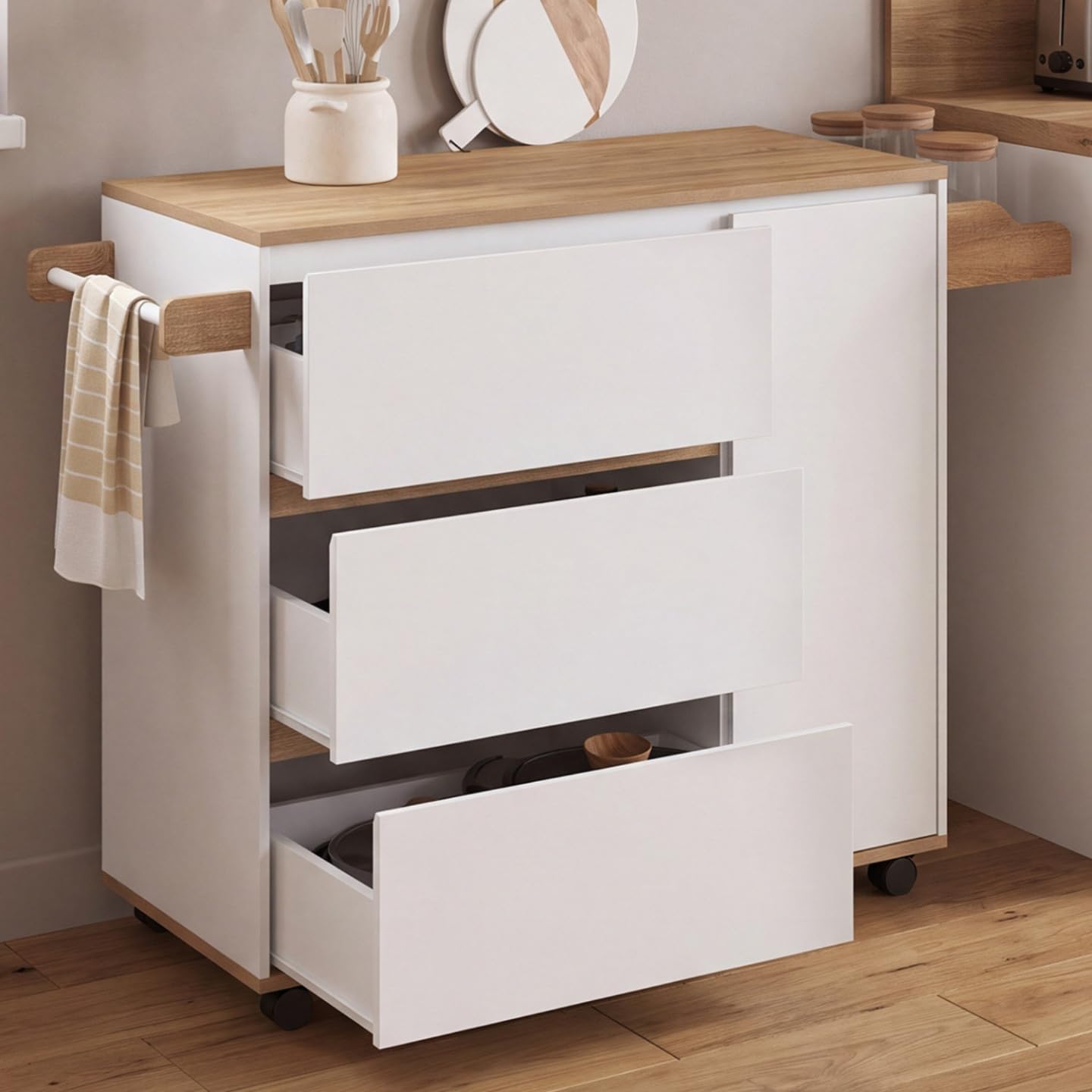 IDMarket - Credenza COMI XXL con 3 cassettoni e armadio bianco e piano effetto faggio L. 90 cm