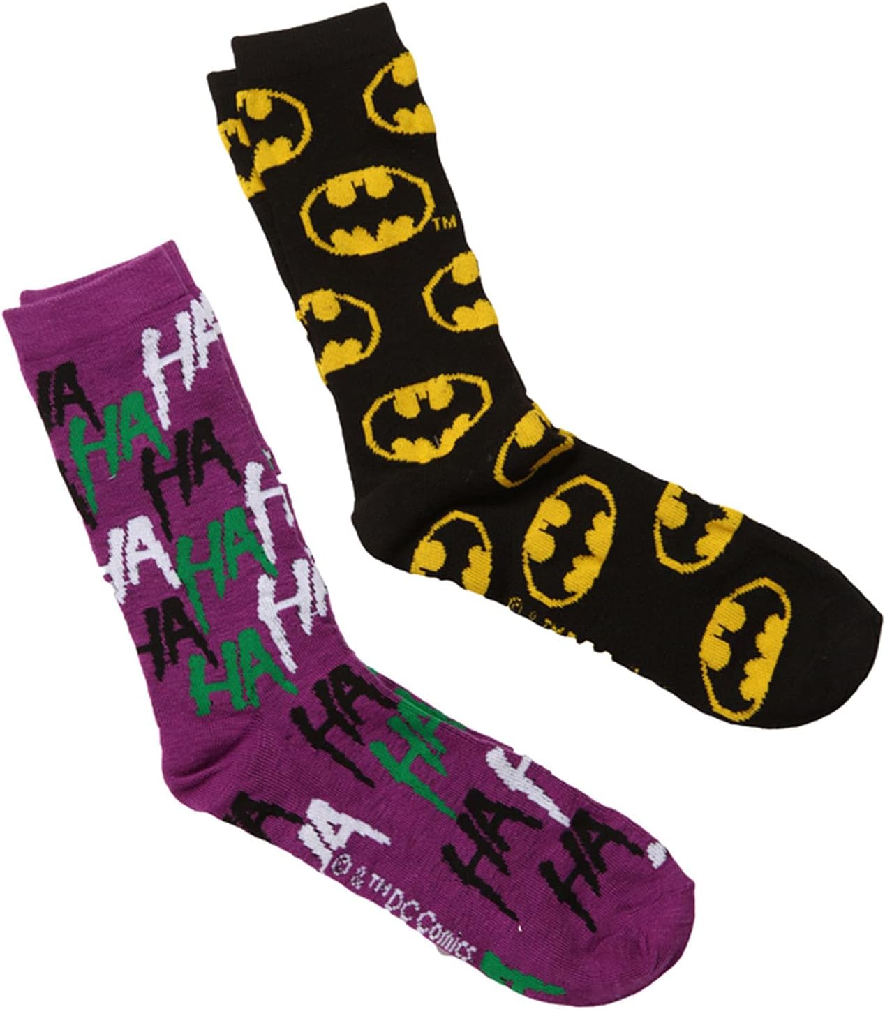 Hypnotic Hats Batman Logo & The Joker Laughing Ha Ha Adult Crew Socks (Size 6-12, Two Pairs)