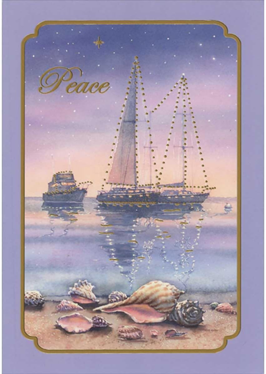 Designer Greetings Red Farm Studios Peace: Sailboat and Yacht Under Starry Sky Near Shells on Beach in Purple Border | Pack of 15 Nautical, Sailing Holiday Cards, Christmas Cards
