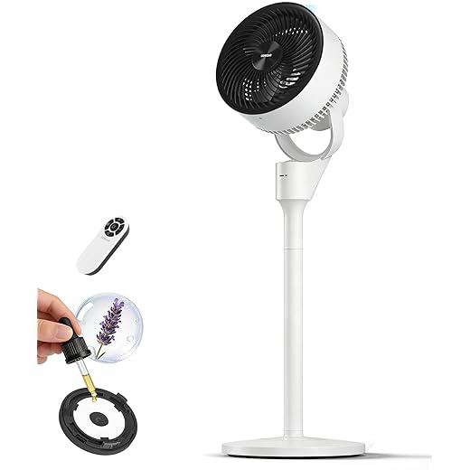 COWSAR Fan for Bedroom, 80° Oscillation Standing Fan, 20dB Quiet Floor Fan with Remote Control, Aroma Box, Pedestal Fans for Room, 3 Speeds, 6H Timer, 2 Heights, 90° Manual Vertical, White