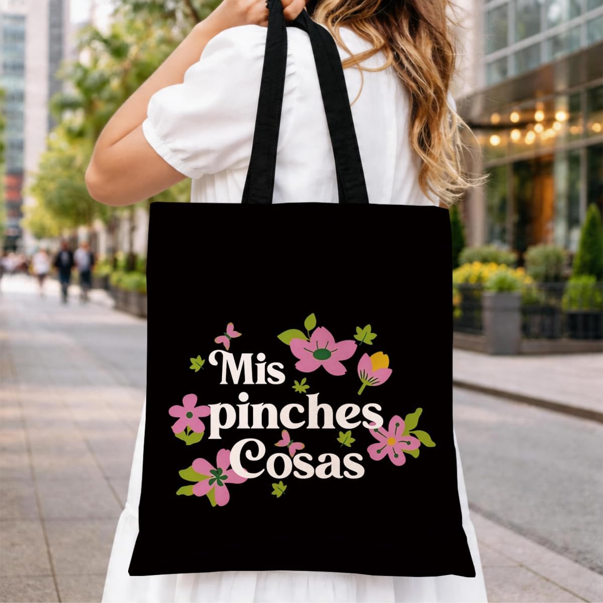 Funny Spanish Canvas Tote Bag, Mis Pinches Cosas, Reusable Retro Shoulder Bag, Sarcastic Carryall for Daily Shopping Library Travel Commute