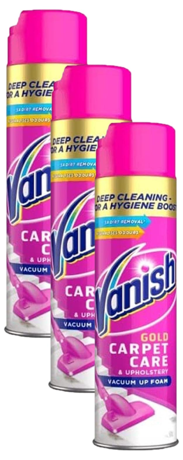 VanishGold Oxi Action Upholstery & Carpet Cleaner, Stain Remover Foam for Large Area Cleaning 600 ml | Removes 3x More Dirt & Pet Hair vs Vacuuming Alone | Neutralises Odours | Deep Clean | Pack of 3