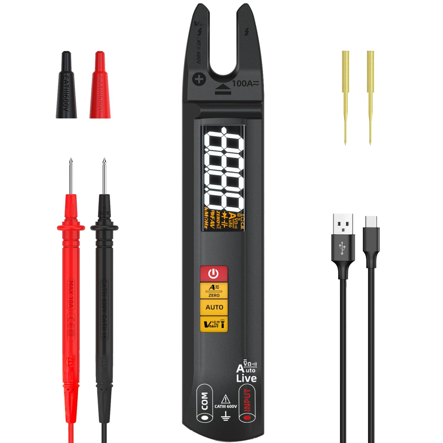 BSIDE U0 Mini Multímetro Digital Pinza Amperimétrica Abierta Totalmente Automático Medidor de Corriente Voltaje AC DC Resistencia y Continuidad Detector de Fase Recargable con Sonda de prueba