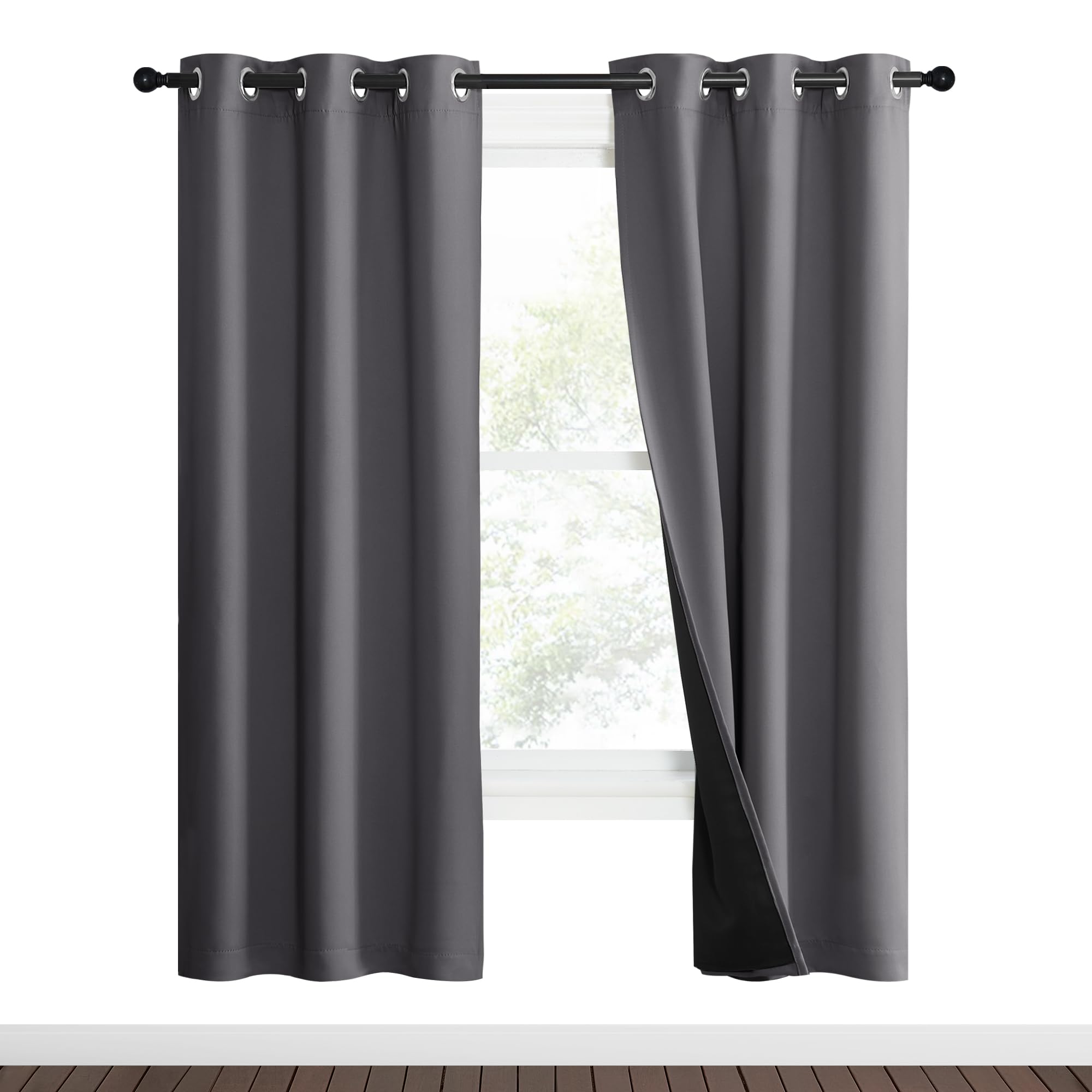 NICETOWN Grey Full Shade Curtain Panels, 37" Wide x 70" Long, Gray, Pair of Thermal Insulated &amp; Energy Efficiency Blackout Curtains for Living Room Windows, Lined Silky Performance Window Dressing