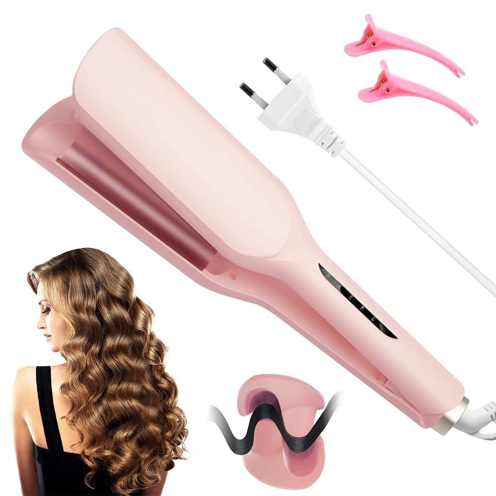 Welleneisen Für Haare, 32mm Lockenstab Große Locken, French Wave Lockenstab, 5 Einstellbare Temperaturen, V Förmiger Welleneisen Große Wellen, Mermaid Hair Waver, für Lange/Kurze Haare (Rosa)