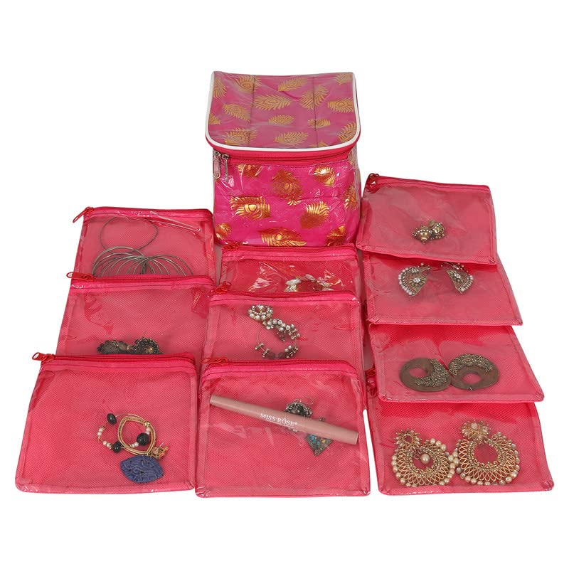 PrettyKrafts Brocade Jewellery kit with 10 Pouch|Solid Print With Waterproof Outer Material|10 Pouches & Zipper Closure|for Necklaces Earrings Rings and Bracelets, Pack of 1 (Pink)-image-24