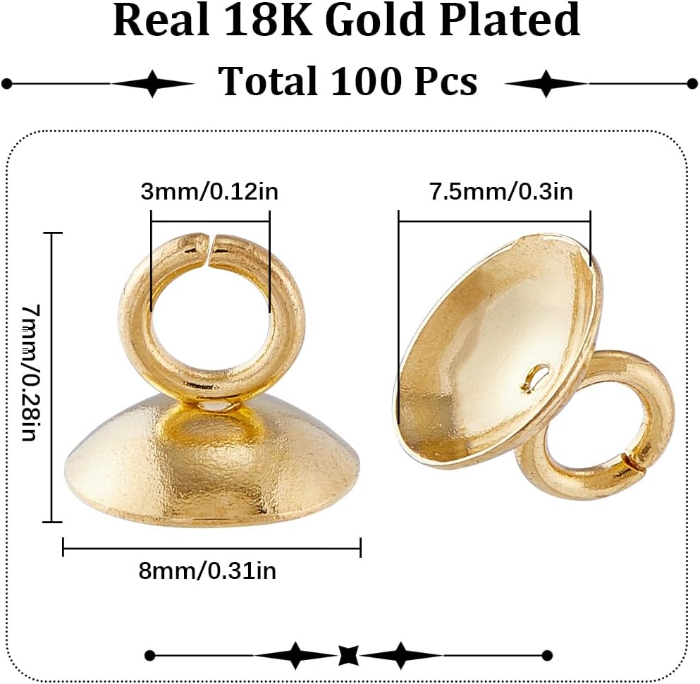 SUNNYCLUE 1 Box 100Pcs Bead Bail Cap Bead Caps with Loop Bead Caps Bails Pendant Bails Gold 304 Stainless Steel Round Bails Clasp Pearl Pendant Connector for Jewelry Making Accessories DIY Supplies