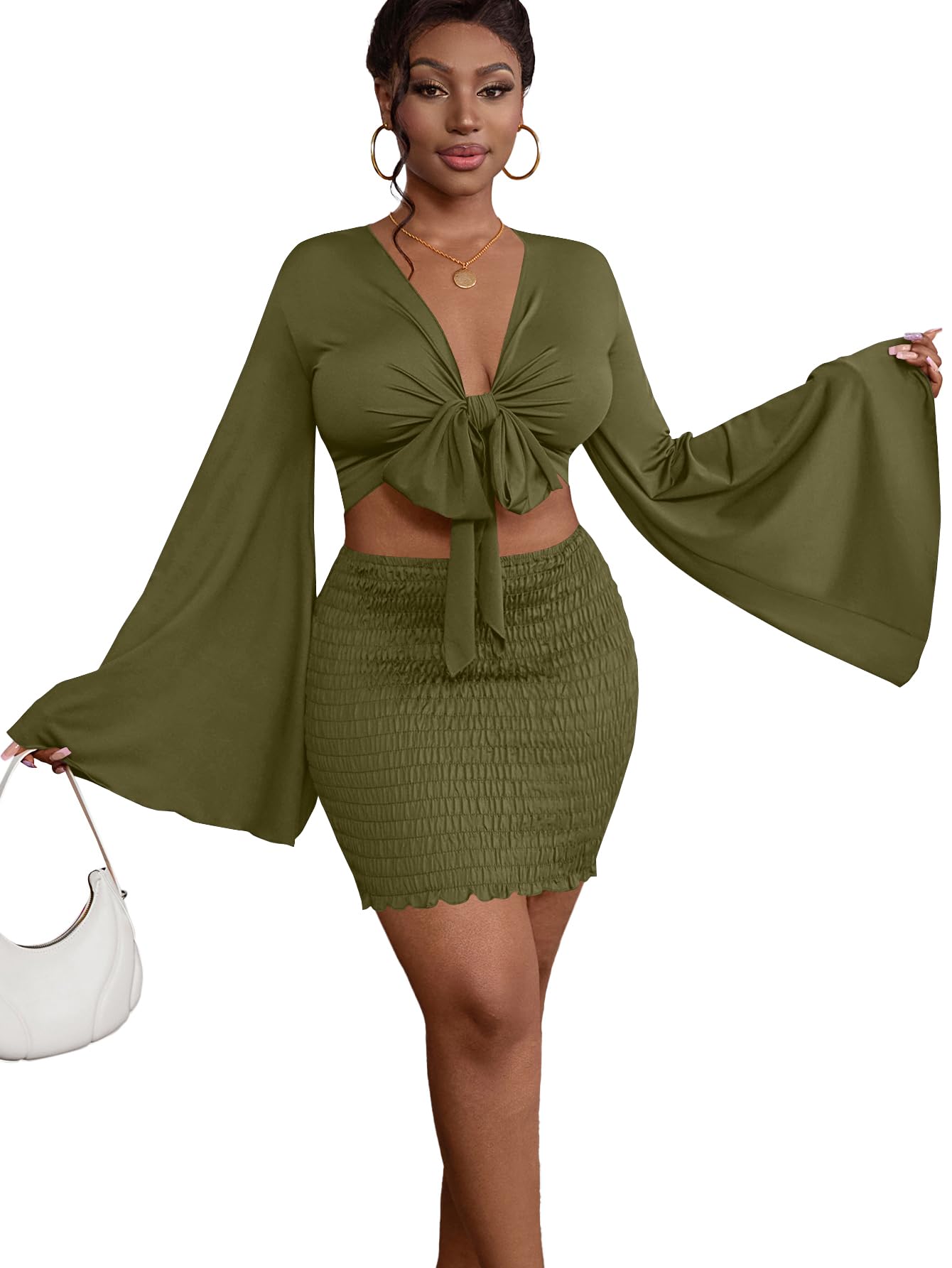 LYANER Women 2 Piece Vacation Outfits Tie Knot Front Bell Long Sleeve Crop Top and Mini Skirt Summer Set