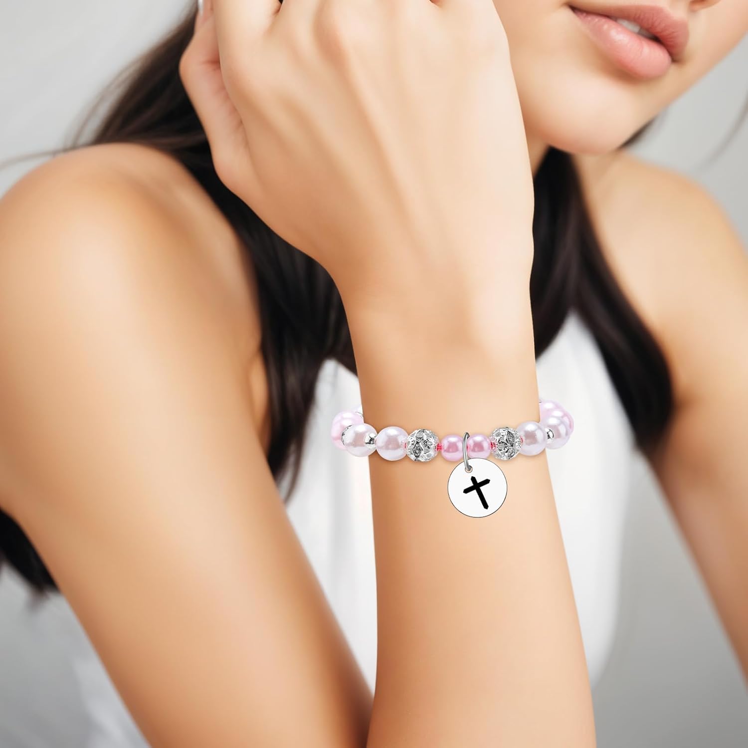 Goddaughter Gifts for Women Baptism Bead Bracelet for Her Goddaughter Godchild Beaded Bracelet Graduation First Communion Baptism Easter Confirmation Gifts for Daughter Sister Niece Stretch Jewelry - Image 4