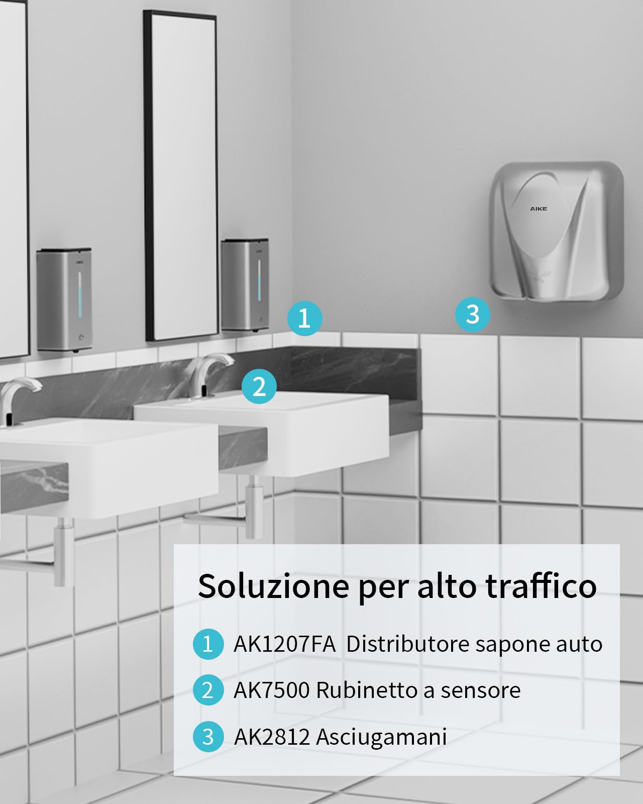 AIKE Dispenser Sapone Schiuma Automatico, A Parete Per Uso Commerciale, 1000ML Acciaio Inossidabile Per Sapone Mani Schiumogeno, AK1207FA